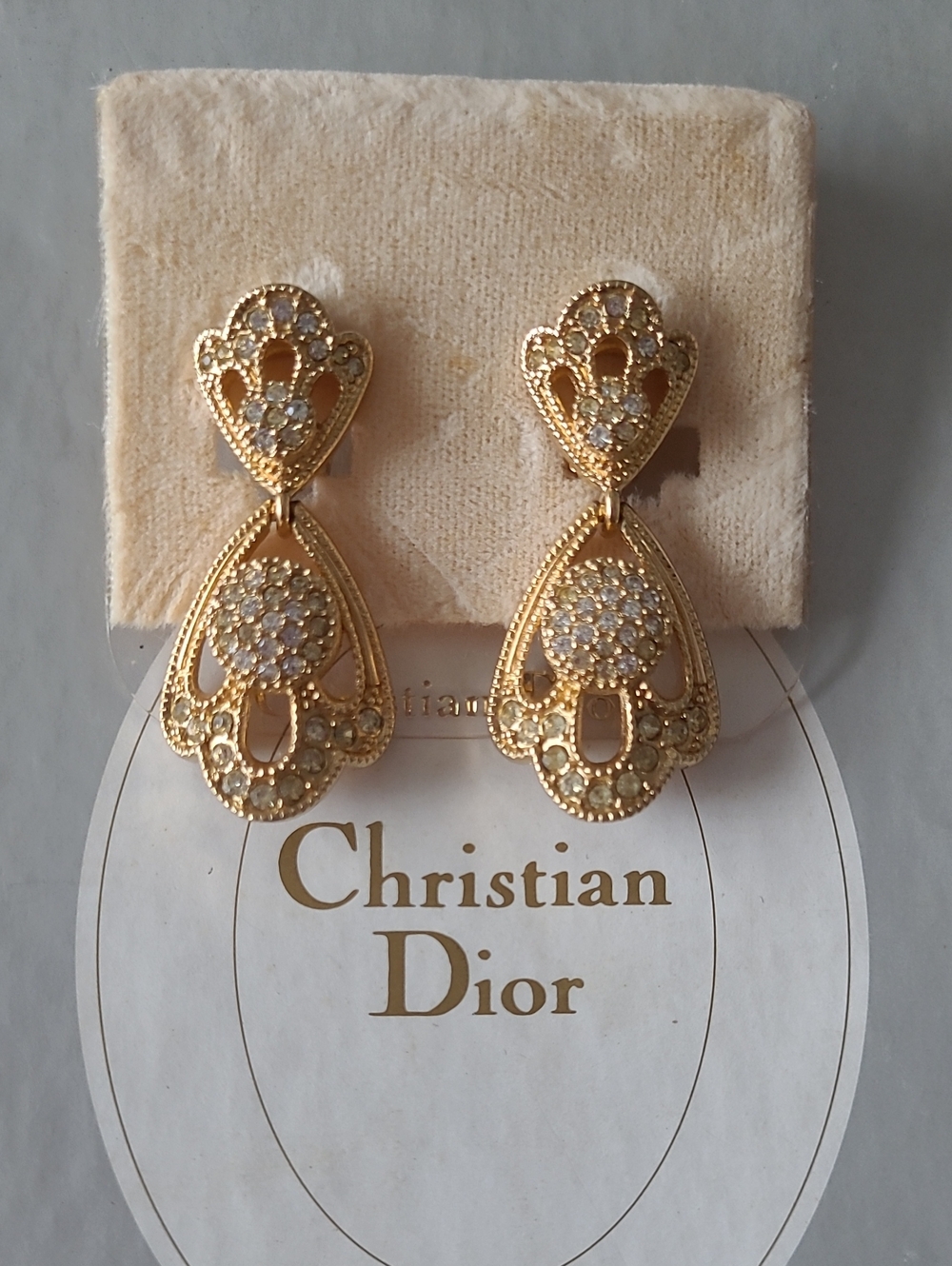 Dior Gold-tone Filigree Drop Earrings with Clear Crystals